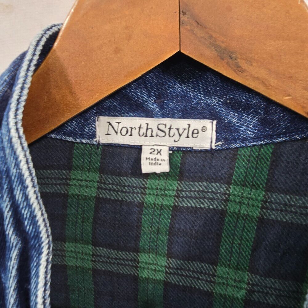 Vintage Denim Jacket Womns 3X Jean 80s 90s Flannel Lined Green Plaid Dark Medium - Picture 3 of 12